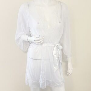 Y2K Deadstock White Sheer Mesh Robe w Lace Trim & Satin Tie Belt